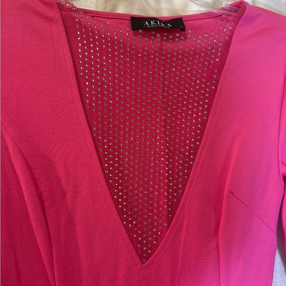 AKIRA Hot Pink Feather Rhinestone Mini Dress S Slit Party Cocktail - Picture 4 of 13